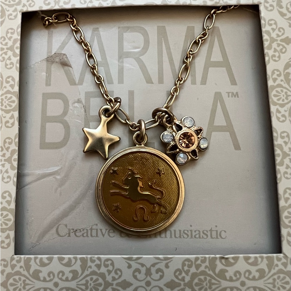 Karma Bella Gold Tone LEO Zodiac16”  Necklace New On Card